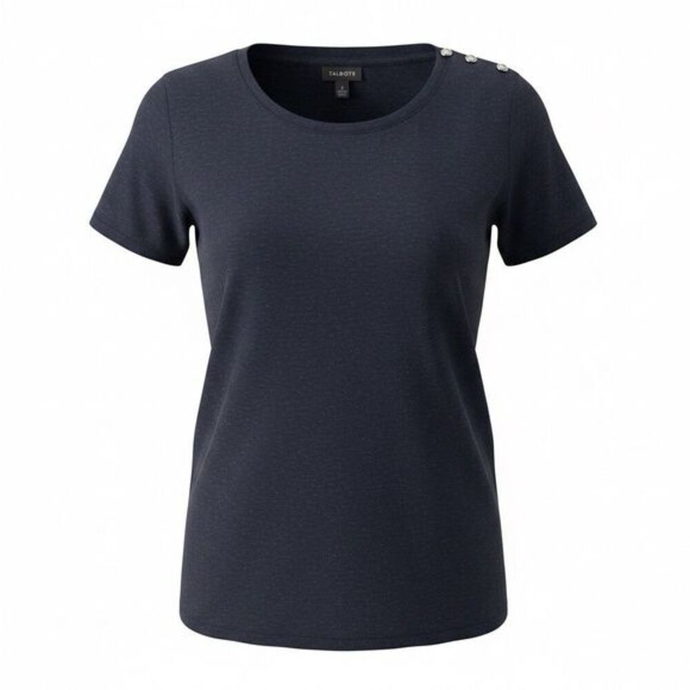 Talbots Light Blue Scalloped Neck Top Size M Pima Cotton Short Sleeve T